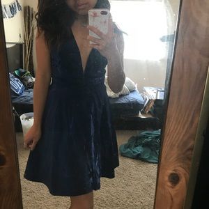 Metallic navy blue plunge dress from Lulu’s